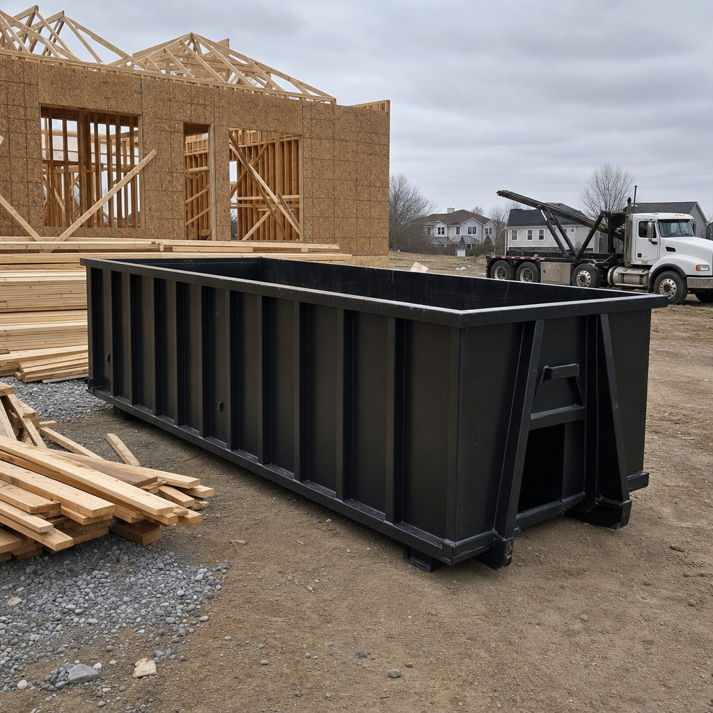 Matte-black 40-yard roll-off dumpster staged on a framed-out residential construction site in Brandywine, framing lumber stacked nearby, hooklift delivery truck visible in the background under bright Colorado daylight
