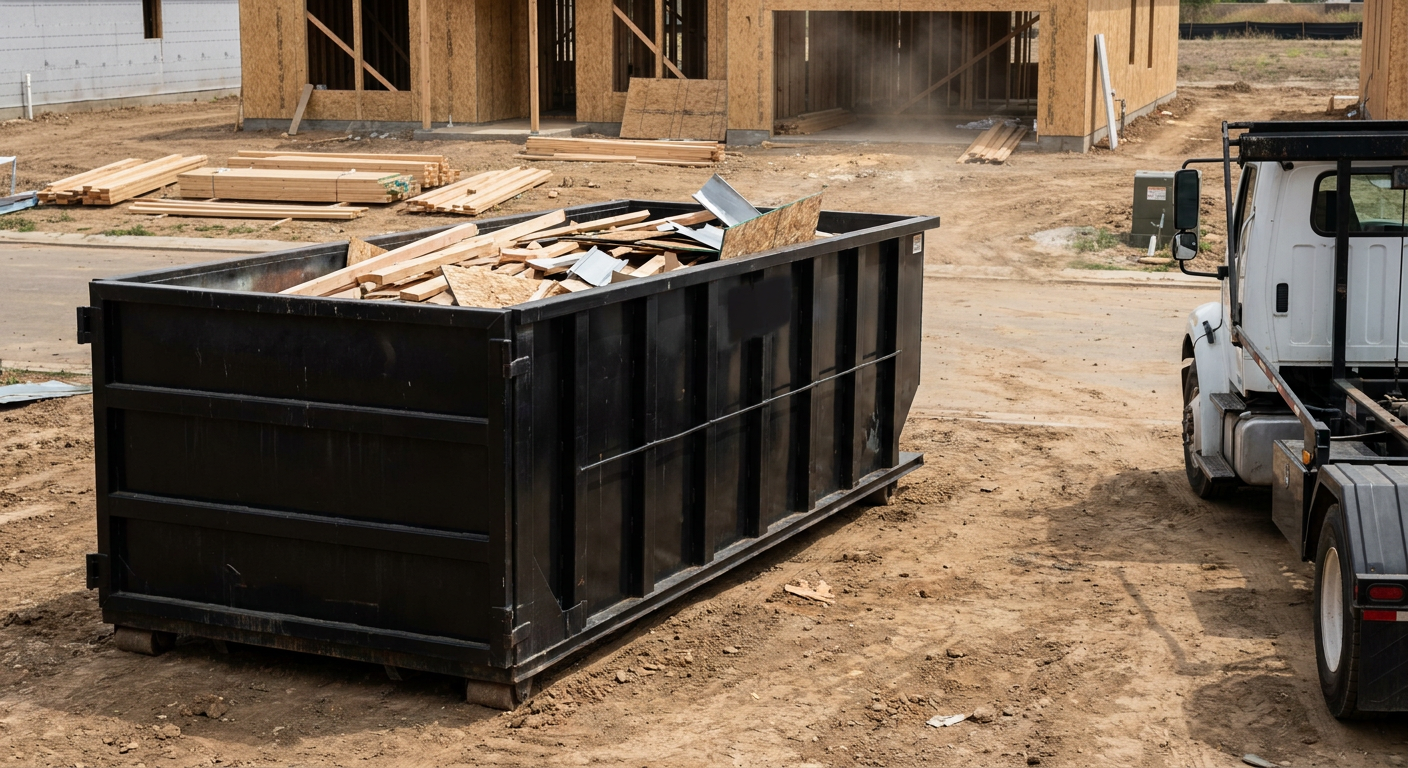 Matte-black 20-yard roll-off construction dumpster with heavy ribbed steel sidewalls and swing rear doors at a working jobsite in Brandywine, sitting directly on compacted dirt with an unmarked white hauler partially visible at the far edge of the frame.