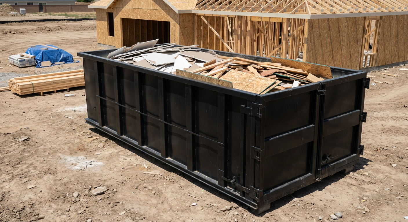 Matte-black 30-yard roll-off construction dumpster sitting directly on the compacted-dirt site of a framed single-family home build in Brandywine, drywall and lumber scrap loaded inside.