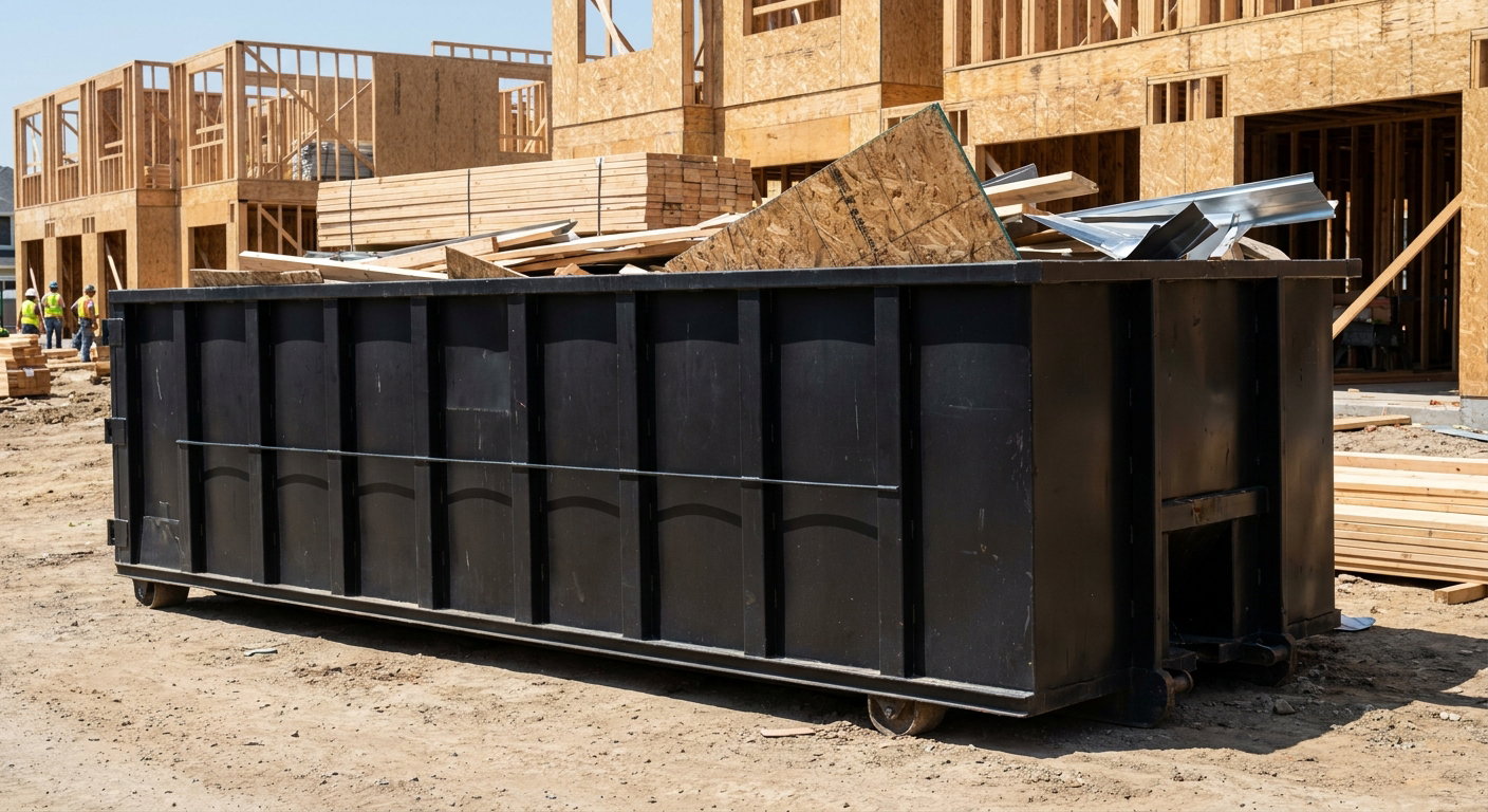 Matte-black 40-yard roll-off construction dumpster being lowered from a white-cab hooklift delivery truck onto the compacted-dirt jobsite at a commercial build site in Brandywine