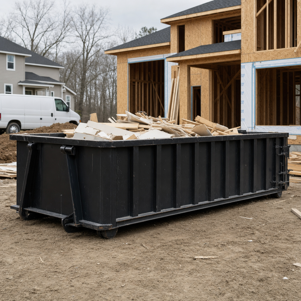 Worker in a yellow high-visibility vest tossing framing lumber and broken drywall into a matte-black 30-yard construction roll-off dumpster on an active build site in Brandywine, bright daylight