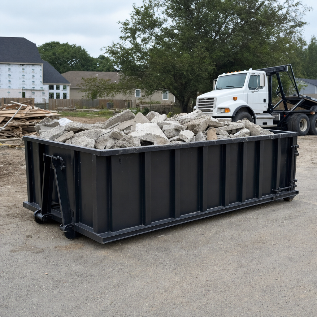 Low-profile matte-black lowboy roll-off dumpster loaded with broken concrete slab and rebar at a foundation tear-out in Brandywine, skid steer parked beside it, sunny Colorado morning