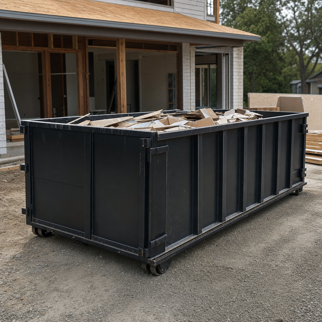 Large matte-black 30-yard construction roll-off dumpster at an active Brandywine jobsite, steel-gray top rails and bottom rollers visible, loaded with construction debris.