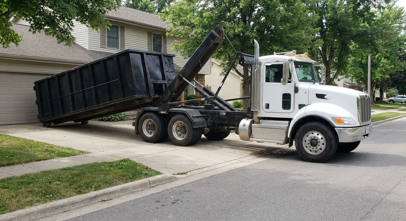 White-cab hooklift roll-off truck actively lowering a matte-black dumpster onto a Brandywine residential concrete driveway, the dumpster's rear wheels touching the driveway as the hoist arm tilts the bed forward, mid-morning daylight.