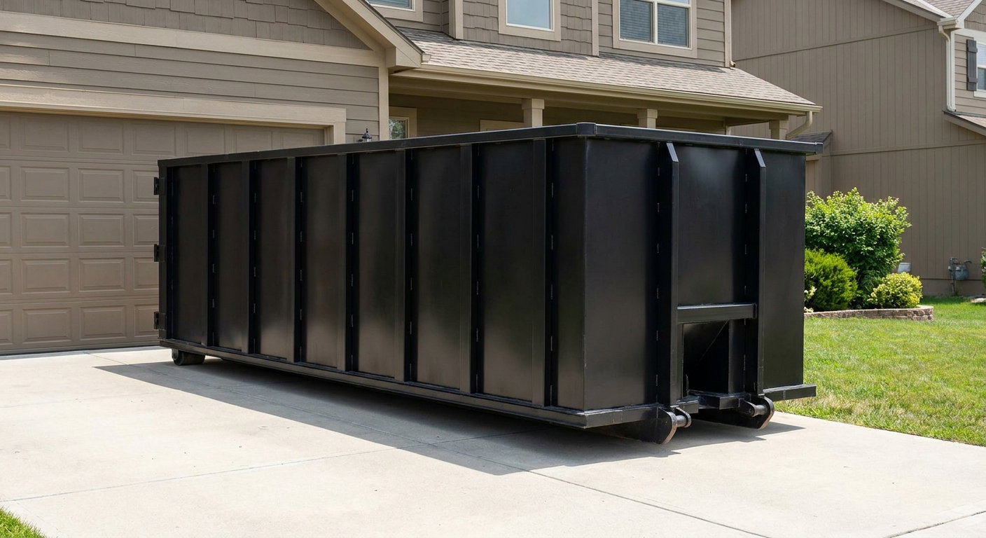 Matte-black residential roll-off dumpster sitting directly on a suburban Brandywine concrete driveway, garage door closed, single-family home in background, bright morning daylight.