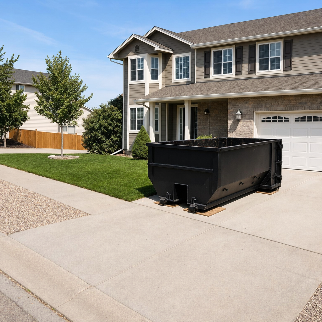 10-yard matte-black residential dumpster placed directly on a narrow Brandywine concrete driveway, room remains for a parked sedan beside it, mid-morning natural light