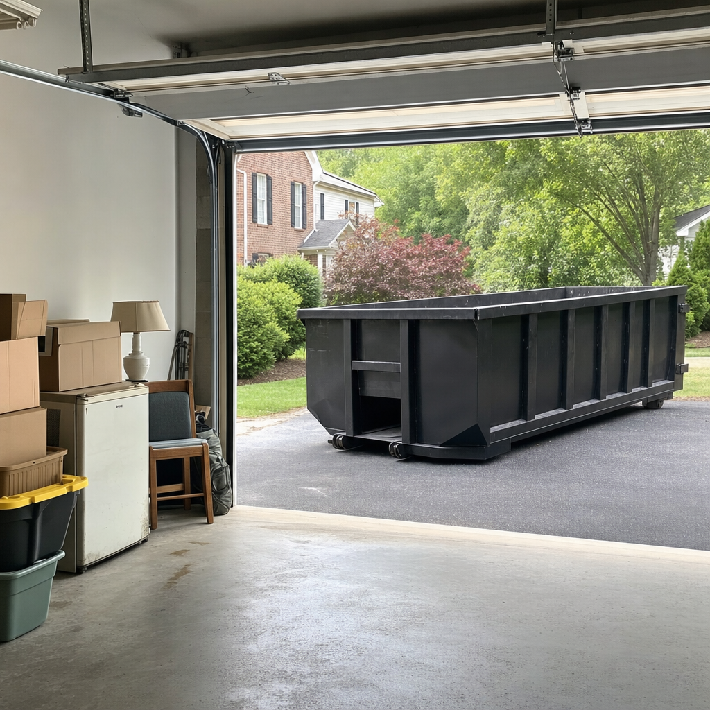Open garage interior in a Brandywine home mid-cleanout — boxed items, an old appliance, and stacked yard tools queued near the driveway for a matte-black roll-off dumpster, organized and calm