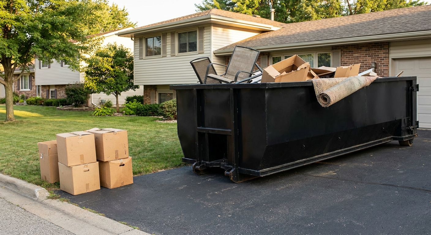 Front-yard view of a Brandywine split-level home with a 20-yard matte-black roll-off dumpster sitting directly on the asphalt driveway, a few clearly labeled donation boxes staged at the curb, calm sunny afternoon.