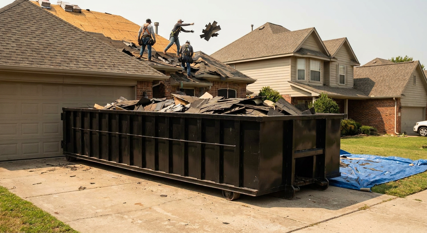 Matte-black roofing roll-off dumpster placed directly on a Brandywine residential concrete driveway, a tear-off crew on a two-story asphalt-shingle roof tossing shingle bundles into the low-walled container, bright daylight, documentary 35mm perspective.