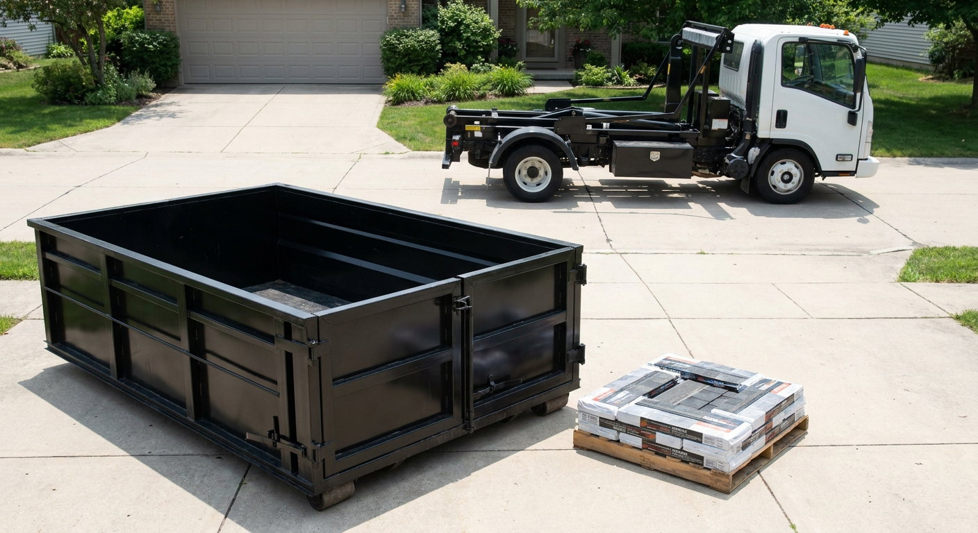 Matte-black 15-yard roofing roll-off dumpster with reinforced low side walls sitting directly on a Brandywine residential concrete driveway, three-tab asphalt shingle bundles stacked nearby, an unmarked white hauler truck partially visible at the edge of the frame.
