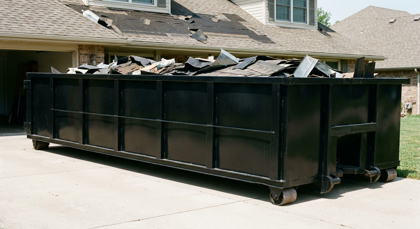 Matte-black 20-yard roofing roll-off dumpster with steel ribbed sides and swinging rear door, sitting directly on the concrete driveway of a two-story Brandywine home, asphalt shingle debris being loaded over the low wall, clean documentary lighting.