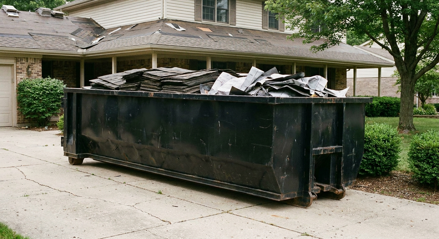 Matte-black 30-yard roofing roll-off dumpster sitting directly on a Brandywine concrete driveway, taller ribbed steel side panels, mixed tear-off debris of asphalt shingles and underlayment inside, professional documentary daylight.