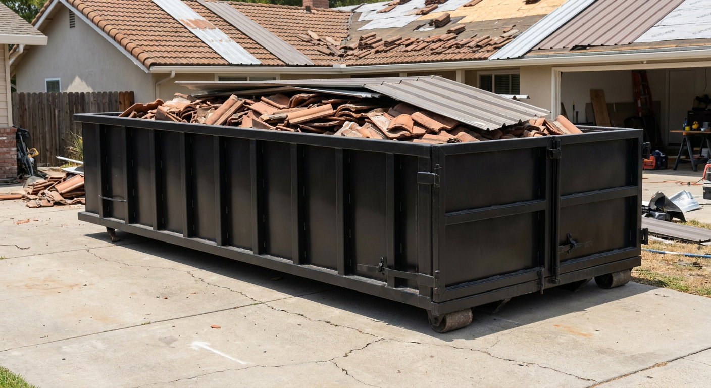 Matte-black low-wall heavy-debris roofing roll-off dumpster sitting directly on a Brandywine concrete driveway, broken concrete clay roof tiles and metal panel sections loaded inside, reinforced ribbed steel side walls visible, bright outdoor daylight.