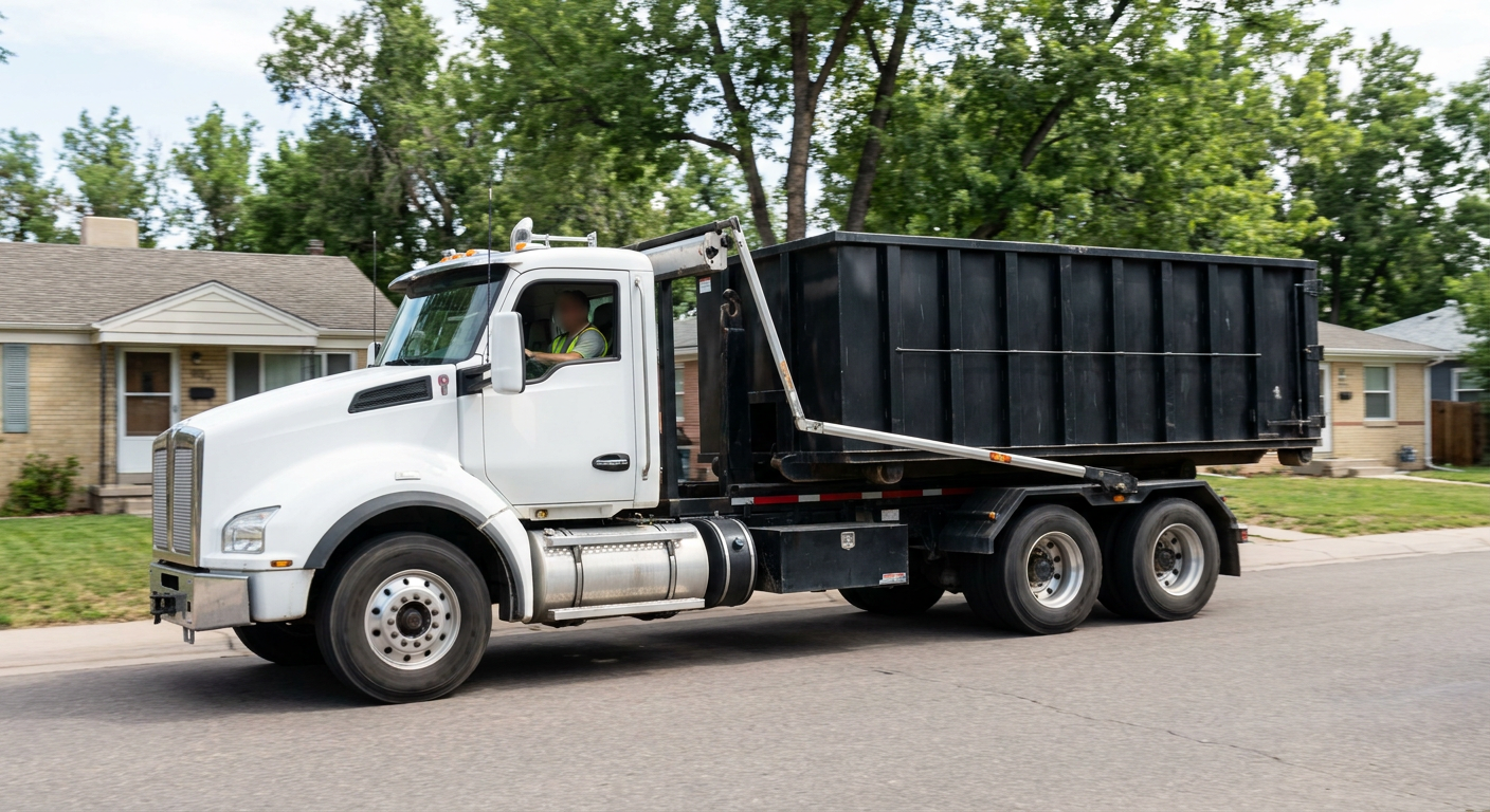 A wide documentary shot of a matte-black roll-off delivery truck pulling onto a quiet Brandywine residential street at mid-morning, with neighborhood rooftops and tree-lined blocks visible behind, showing the metro coverage footprint.