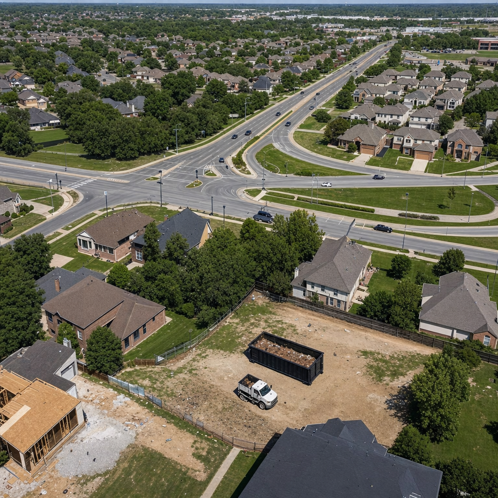 An overhead documentary view of the Brandywine metro area at midday, showing the spread of neighborhoods, arterial roads, and the dispatch radius from a central yard — clean daylight, organized geographic layout.