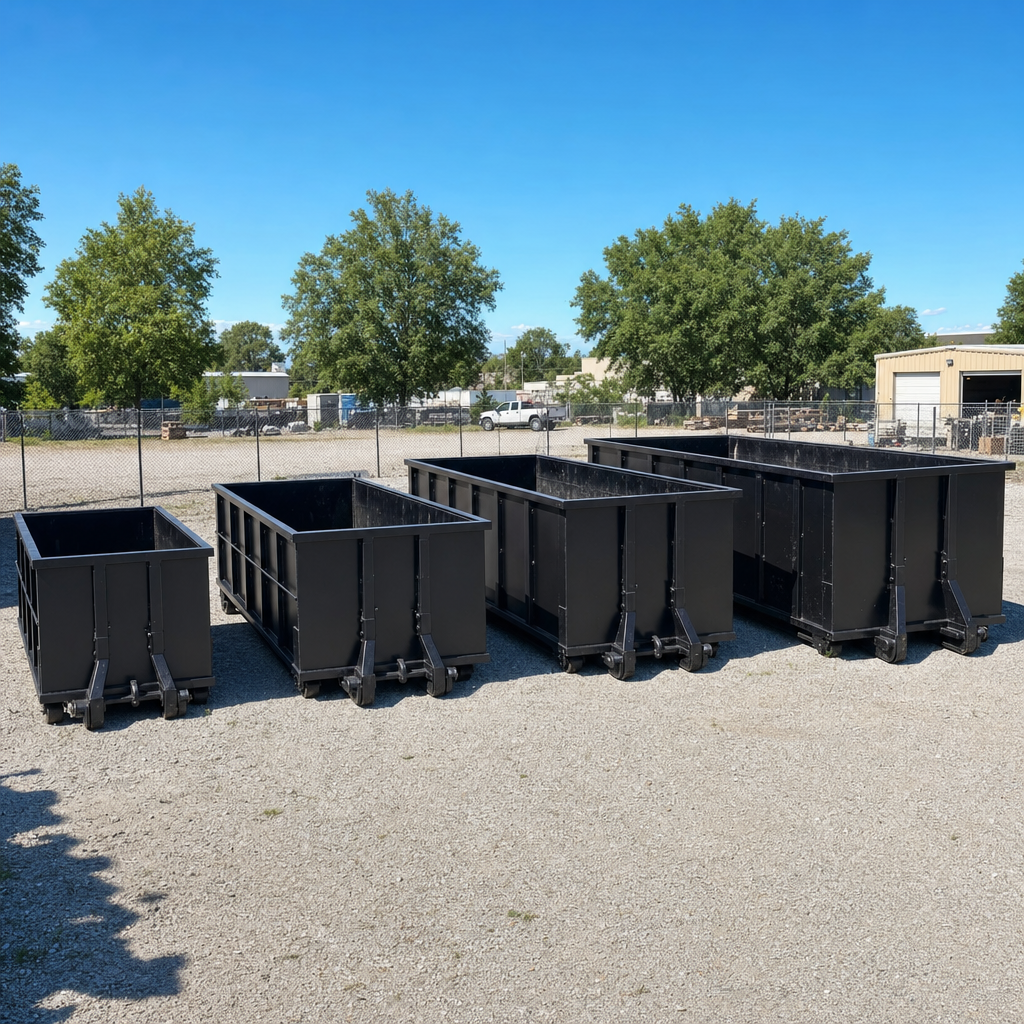 A clean lineup of matte-black roll-off dumpsters in 10, 20, 30, and 40-yard sizes staged on a sunlit gravel yard in Brandywine, showing the size progression from compact to commercial-scale containers.