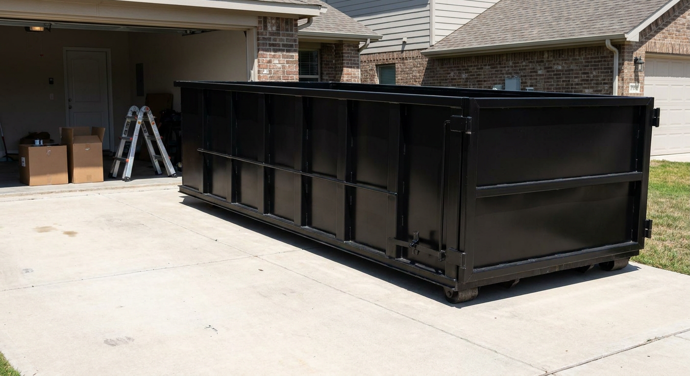 A matte-black 10-yard roll-off dumpster sitting directly on a residential Brandywine concrete driveway, mid-day sunlight, clean and ready for a garage cleanout.