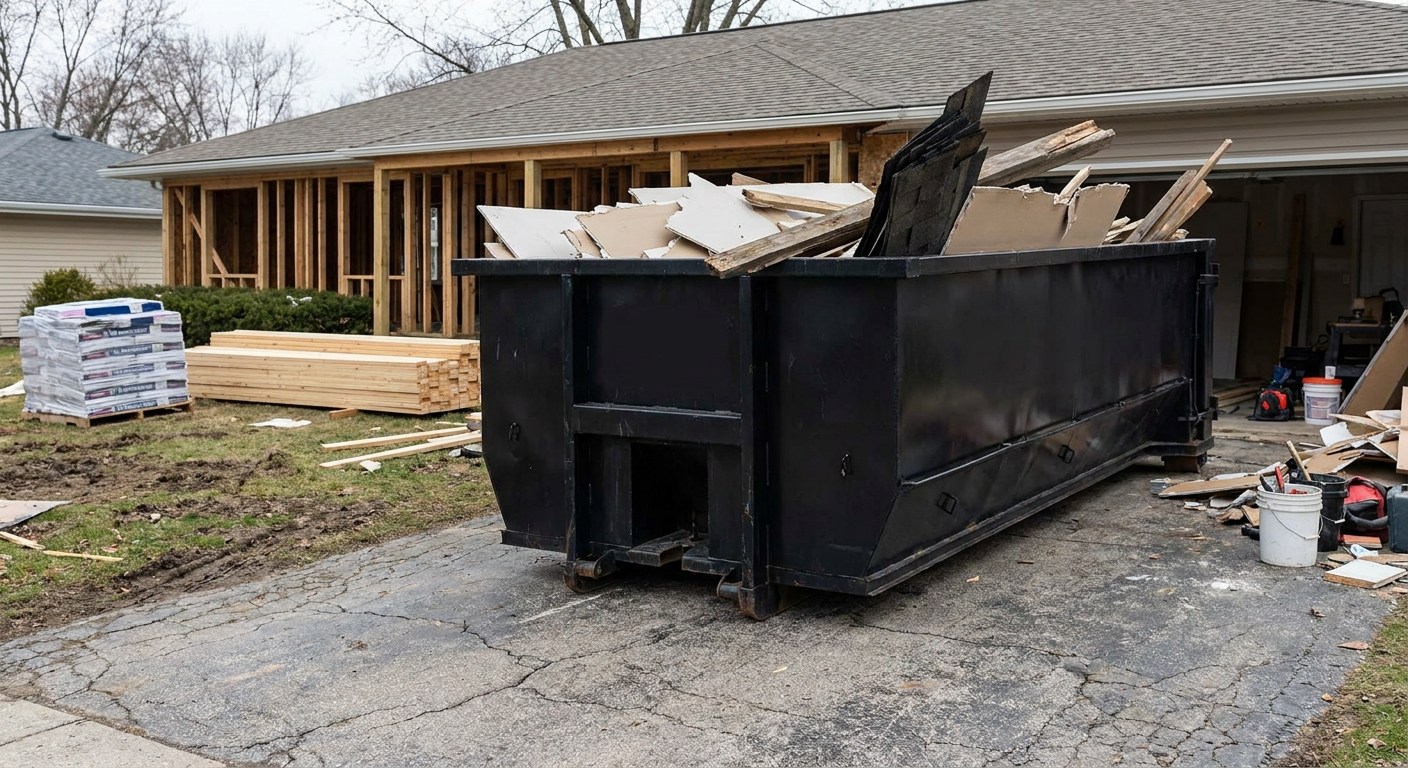 A matte-black 20-yard roll-off dumpster placed alongside a mid-renovation Brandywine home directly on the asphalt driveway, with framing materials and torn-off shingles staged neatly nearby.