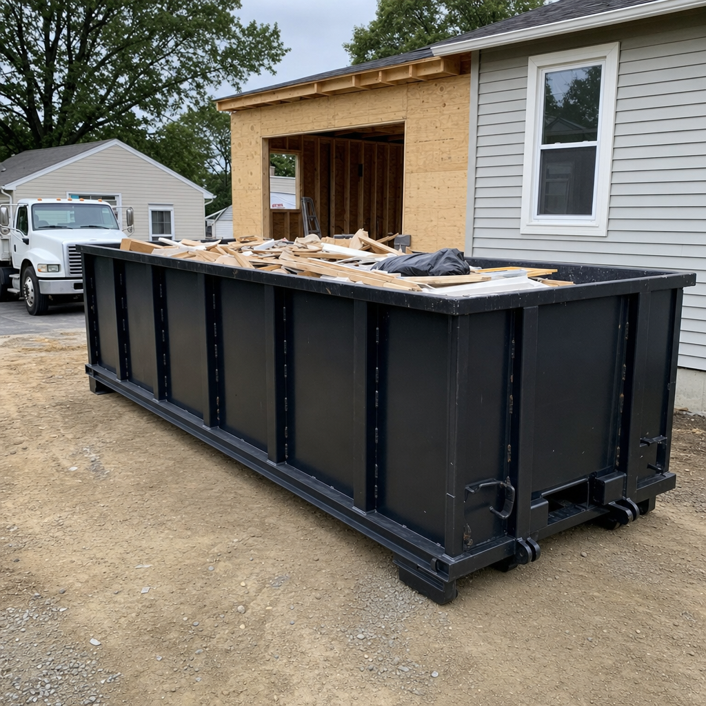 A matte-black 30-yard roll-off dumpster positioned at a Brandywine residential addition jobsite, with framing lumber and drywall scraps loaded through the open swinging rear doors.