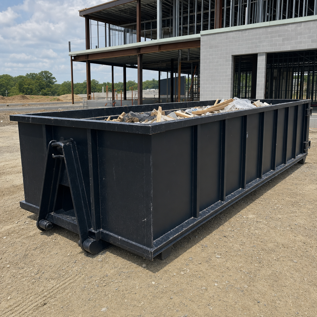 A matte-black 40-yard roll-off dumpster staged on a large Brandywine commercial construction lot, with a hooklift delivery truck parked alongside under bright midday sky.