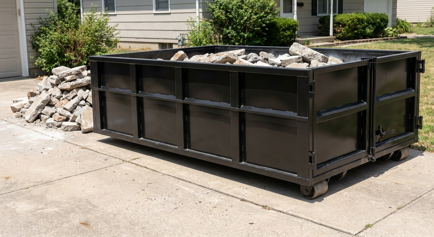 A matte-black low-side heavy-debris roll-off dumpster placed directly on a Brandywine concrete driveway, with broken concrete chunks neatly stacked beside it under clean daylight.